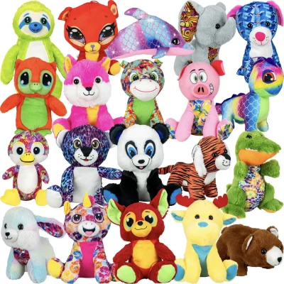 "Assorted medium plush toys including sloth, fox, panda, penguin, elephant, dolphin, pig, tiger, dinosaur, unicorn, bear, deer, and other colorful animal characters, displayed in rows on a white background."