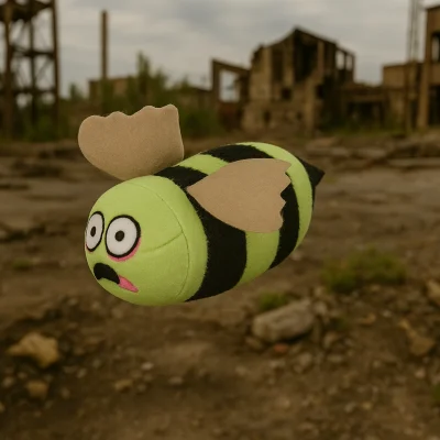 "Plush zombie bee toy with wide eyes and felt wings floating in midair, set against the background of decaying industrial ruins with scattered rubble."