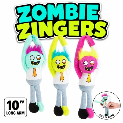 10-inch long arm Zombie Zingers plush toys in neon aqua, lime, and pink with hanging arms on a white background for claw machines, arcades, and carnival prizes.