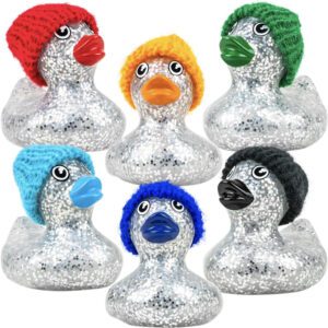 2-inch glittery rubber ducks with knit caps, sold in 50 pieces, perfect for crane machines, redemption centers, and bin displays.