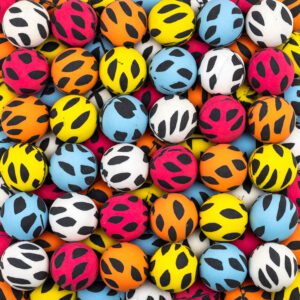 27mm Black Spot Bouncy Ball Mix (250 pcs) in assorted vibrant colors with bold black Dalmatian-style spots for bulk vending and prizes.