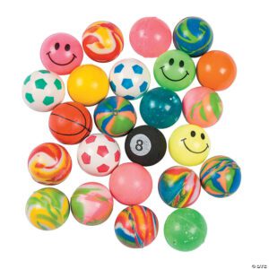 27mm rubber bouncing balls in assorted shapes and colors, bulk vending supplies, perfect for vending machines and arcade prize redemption