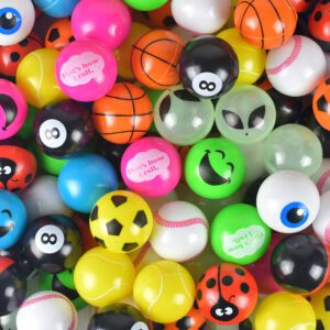 49mm Self-Vend Ball Mix – 100 assorted 2-inch plastic balls for vending machines, featuring smiley faces, aliens, sports balls, and more.