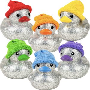 6-inch glittery silver rubber ducks with knit caps, sold in 12 pieces, perfect for crane machines and redemption centers.