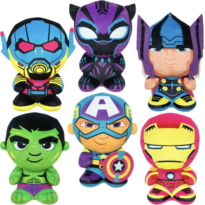 7-Inch Neon Avengers Mashems Plush (144 pcs) featuring random assortments of Marvel heroes like Ant-Man, Black Panther, and Iron Man for crane machines.