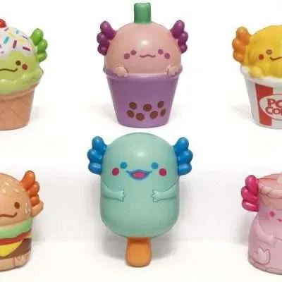 48 slow rise axolotl foodie squishies with colorful, detailed designs and 4-inch size, perfect for crane machines.