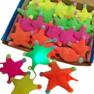 Flashing Puffer Stars in assorted colors, light-up toys in a 480-piece bulk box, perfect for redemption counters and crane machines.