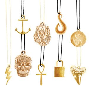 Gold Jewelry Collection in 2-inch capsules, featuring 9 unique designs like anchor, skull, lion, and ankh for bulk vending and crane games.