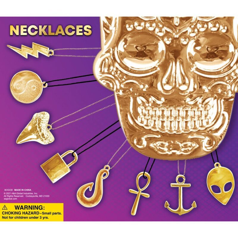 Gold Jewelry Collection in 2-inch capsules, featuring 9 unique designs like anchor, skull, lion, and ankh for bulk vending and crane games.