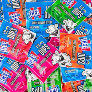 ICEE Lil Dips - 144 Pieces Candy Powder & Stick, assorted flavors in fun Dip-N-Lik packets, perfect for claw machines, party favors, and giveaways.