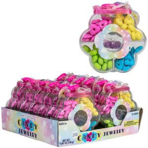 Make Your Own Candy Jewelry Kit - 12 Count, sparkly flower-shaped container with colorful dextrose candy. Perfect for party activities and candy crafts.