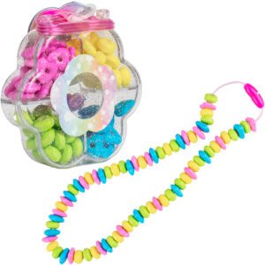 Make Your Own Candy Jewelry Kit - 12 Count, sparkly flower-shaped container with colorful dextrose candy. Perfect for party activities and candy crafts.