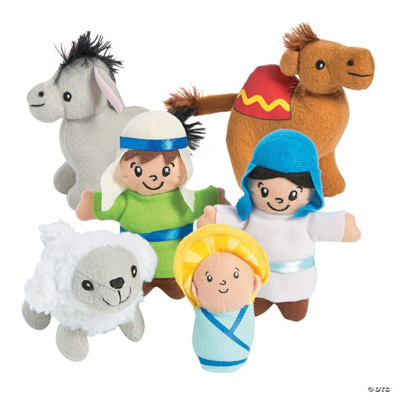 Plush Nativity Character Set featuring Mary, Joseph, baby Jesus, donkey, camel, and sheep in soft plush material.