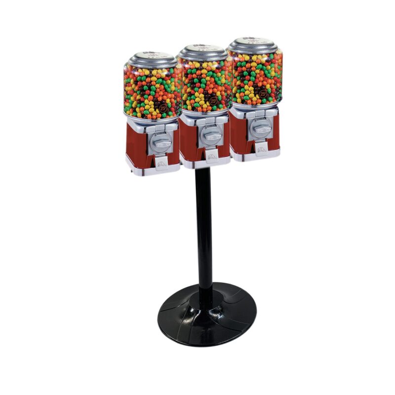 Round Beaver Triple Gumball Vending Machine with stand and three dispensing heads.