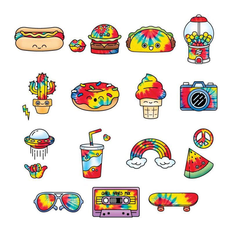 Vibrant Tie Dye Stickers in Folders featuring kawaii designs like taco, gumball machine, ice cream cone, and more. Perfect for vending machines.