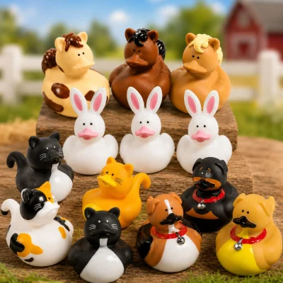 Animal-themed rubber duck assortment displayed in a charming farm-inspired scene. Horse, rabbit, cat, and dog character ducks are arranged on rustic wooden steps with a softly blurred barnyard background, creating a fun and colorful novelty toy display ideal for arcade prizes, claw machines, and rubber duck collections.