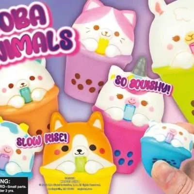 Slow-rise boba animal squishy toys in 2 inch capsules for tomy gacha and gashapon machines in bubble tea cup designs