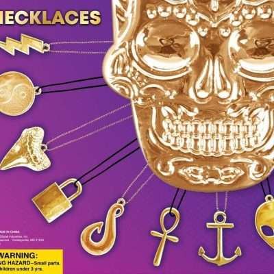Assorted gold-tone rings and necklaces in 2-inch vending capsules, 250-piece set.