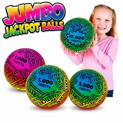 Jumbo Jackpot Balls inflatable prize balls with colorful ticket graphics and printed ticket values, perfect for crane machines, arcade redemption games, carnival prizes, and promotional events.