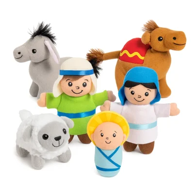 "Plush Nativity character set including Mary, Joseph, baby Jesus, a sheep, a donkey, and a camel, displayed on a white background."