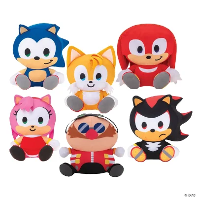 "Set of six Sonic the Hedgehog plush toys featuring Sonic, Tails, Knuckles, Amy, Dr. Eggman, and Shadow, each with oversized heads and sitting poses on a white background."