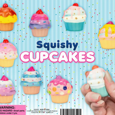 Squishy cupcake toys in 2 inch capsules for tomy gacha and gashapon vending machines with colorful printed designs