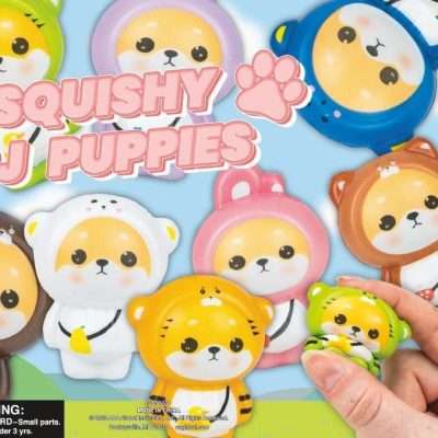 Squishy PJ puppy dog toys in 2 inch capsules for tomy gacha and gashapon machines with printed patterns and cute animal costumes