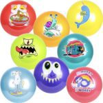 18-inch jumbo vinyl balls in bright colors featuring playful designs like a cat eating ramen, ninja sloth, and rainbow-farting unicorn.