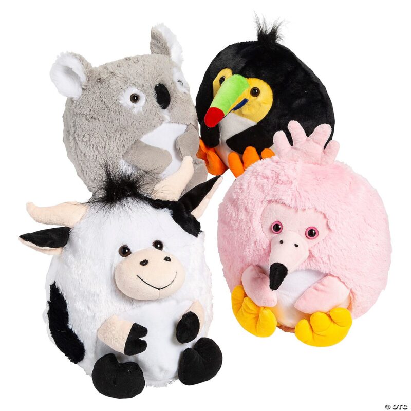 24-piece pack of 10-inch round plush animals including toucan, koala, cow, and more, perfect for crane machines and retail.