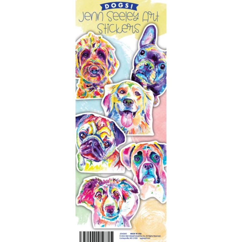 300-piece set of Rainbow Dog Stickers in folders for flat vending, featuring 15 unique dog breed designs by artist Jenn Seeley.