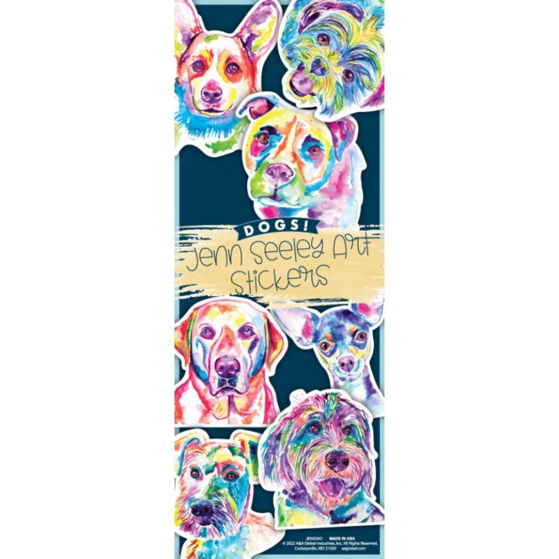 300-piece set of Rainbow Dog Stickers in folders for flat vending, featuring 15 unique dog breed designs by artist Jenn Seeley.