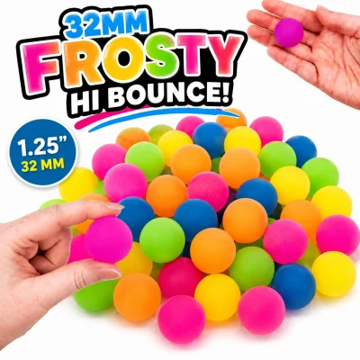 32mm frosty hi-bounce rubber balls in assorted neon colors including pink, blue, green, yellow, and orange with Frosty Hi Bounce title and size comparison on a white background, perfect for bulk vending machines, arcade prizes, redemption counters, party favors, and capsule machines.