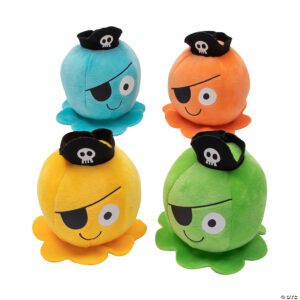 "5-inch plush octopus pirates in assorted colors with eye patches and pirate hats – perfect for crane machines and pirate-themed parties.