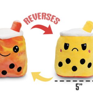 6-inch reversible plush bubble tea with smile and frown faces, available in assorted colors – perfect for crane machines and redemption prizes.