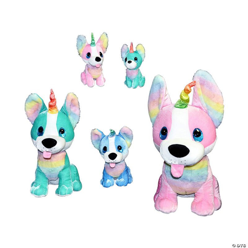 7-inch rainbow sherbet patterned corgi unicorn plush with glitter eyes and a pink tongue, perfect for crane machine and redemption prizes.