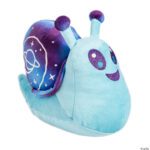 8-inch cosmic alien snail plush with glow-in-the-dark stars and planets, perfect for crane games and space-themed decor.