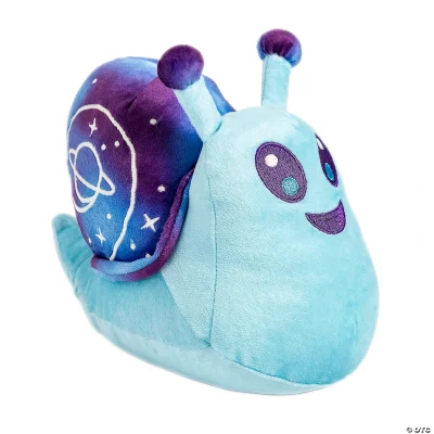 Blue 8-inch snail-alien plush with embroidered purple eyes and smile, featuring a galaxy-themed shell with stars and a planet on a white background.
