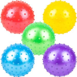 Assorted 7-inch inflatable knobby balls in red, green, blue, yellow, and pink with a bumpy texture. Sold in bulk 250-piece case.