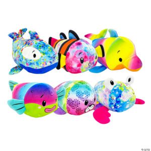 Assorted 7-inch vibrant sea life plush toys featuring seals, fish, dolphins, and shellfish – perfect for party favors, retail, and redemption prizes.