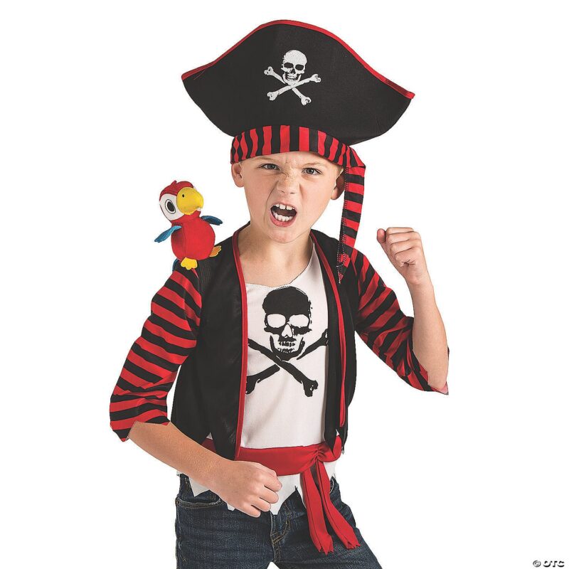 Bright plush parrot with Velcro perched on shoulder for pirate costume accessory.