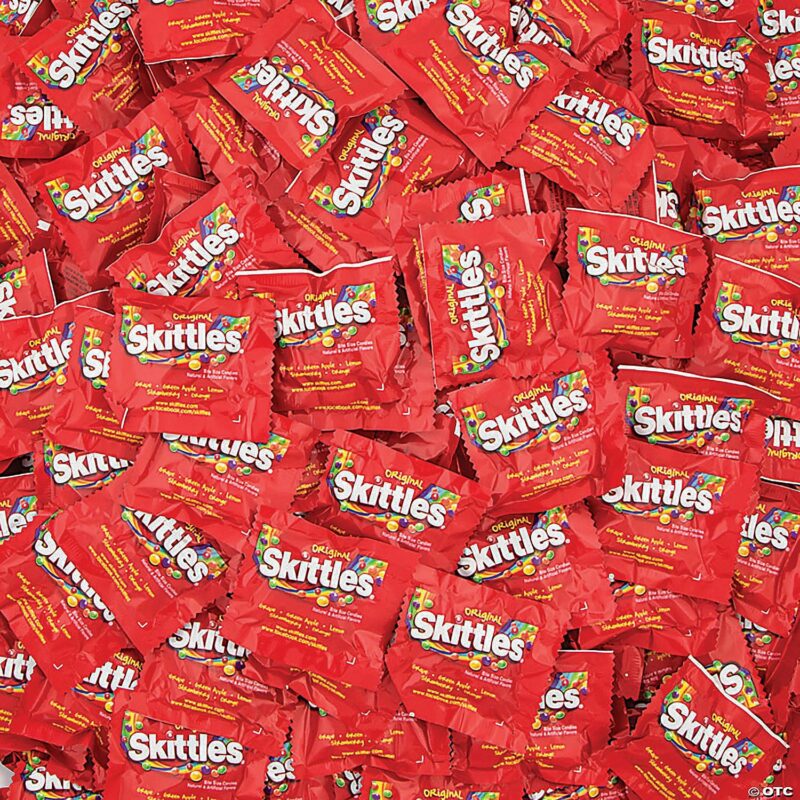 Bulk case of 660 fun-size Skittles packs, 22 pounds of assorted fruit-flavored candy perfect for parties, holidays, and events.