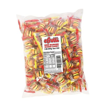 Close-up of Efrutti Mini Burger Gummi Candy, individually wrapped, showcasing colorful fruity layers in burger shapes.