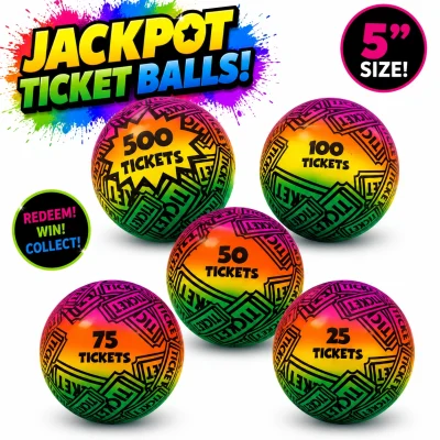 5-inch Jackpot Ticket Balls assortment featuring colorful prize balls printed with 25, 50, 75, 100, and 500 ticket values. Ideal for claw machines, arcade redemption games, family entertainment centers, prize vending machines, and carnival attractions.
