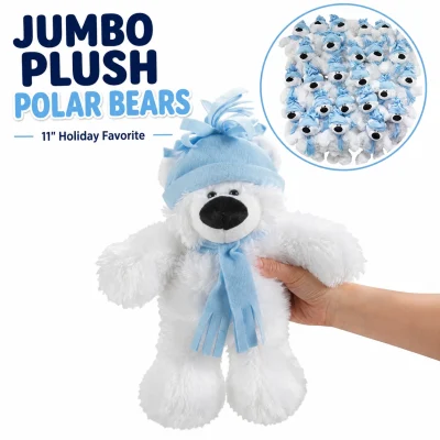 11-inch Jumbo Plush Polar Bears with blue winter hats and scarves on a white background, featuring a holiday-themed bulk assortment. Perfect for claw machines, crane games, redemption prizes, arcades, and retail gift shops.