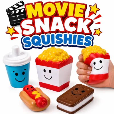 Movie Snack Squishies slow-rising foam squishy toys featuring smiling popcorn, soda cup, hot dog, and ice cream sandwich designs with squeeze demonstration on a white background for prize machines, arcades, redemption counters, party favors, and sensory play.