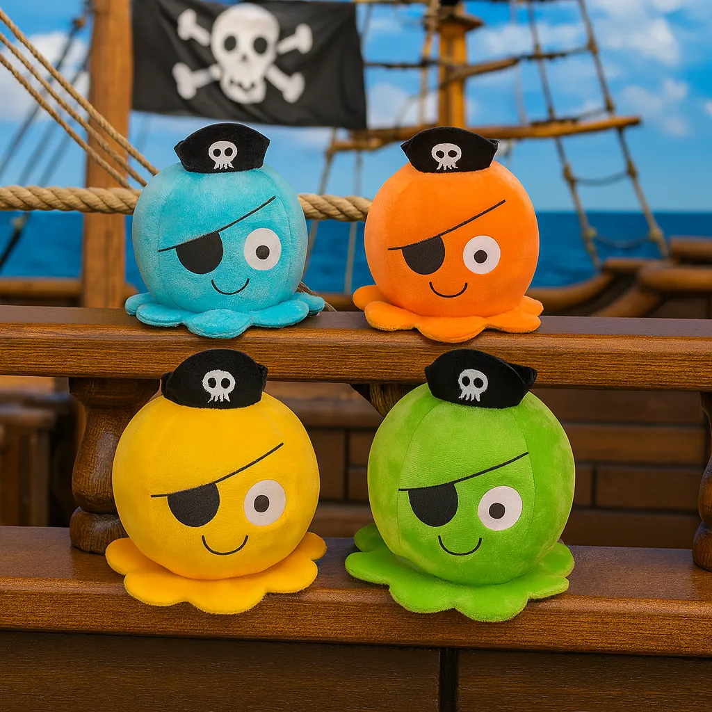 Small Pirate Octopus plush in front of a ship—perfect for octopus-themed displays