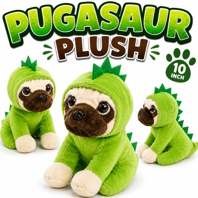 Pugasaur Plush 10 Inch dinosaur pug stuffed animal with bright green dinosaur costume on a white background featuring multiple product views and bold PUGASAUR PLUSH title.