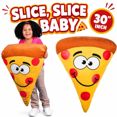 30-inch Slice, Slice Baby pepperoni pizza slice plush with smiling face shown next to child for size comparison on a white background. Giant novelty stuffed pizza prize for claw machines, arcades, carnivals, and amusement centers.