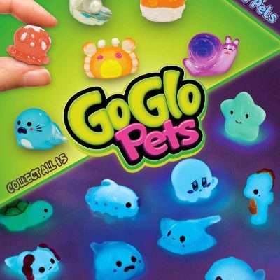Go Glo Pets Mini Crystal Figurines in 1-inch vending capsules, featuring glow-in-the-dark collectible designs like turtles, ghosts, dogs, crabs, and sea life, perfect for bulk vending machines.