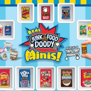 Miniature Junk Food Doody toys in 1-inch capsules featuring silly poop-themed characters mixed with junk food designs.